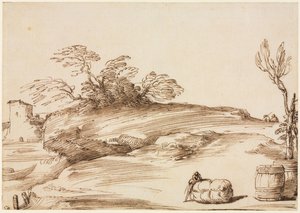 Paesaggio con uomo appoggiato a una balla da Guercino
