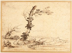 Paesaggio con falconieri vicino a un albero da Guercino