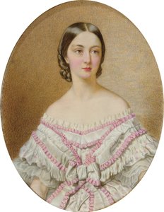 Ritratto di Françoise, duchessa di Chartres (1844-1925) in abito bianco e scialle con alveari rosa; da Guglielmo Faija