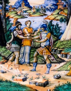 Piatto: Latinus and Aeneas, particolare, 1540 circa (maiolica) da Guido (attr. to) Durantino