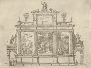 Facciata di un monumento trionfale con tre scene che raffigurano le gesta di Papa Clemente VIII, una decorazione temporanea