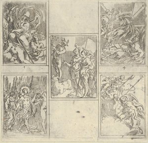 Cinque scene numerate, ciascuna dopo un pittore dell