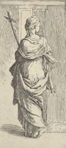 Ragazza che porta un crocifisso e si avvicina a un pilastro, vista da dietro da Guido Reni