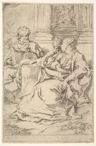 La Sacra Famiglia con scena scritturale sullo sfondo da Guido Reni
