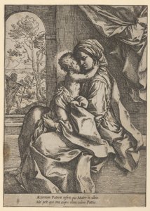 La Vergine seduta con il Bambino Gesù in grembo che la abbraccia, Giuseppe visto attraverso da Guido Reni