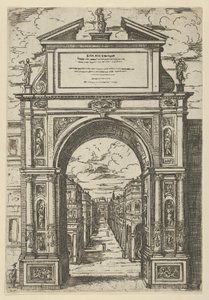 Arco di trionfo sormontato da una statua che rappresenta la città di Bologna, edifici visti attraverso da Guido Reni