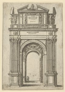 Arco trionfale sormontato da una donna seduta su un delfino, quattro figure in piedi sotto, un tempio