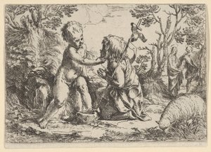 Giovane San Giovanni Battista inginocchiato davanti al Cristo bambino che accarezza il suo volto, ca. 1600-1640 da Guido Reni