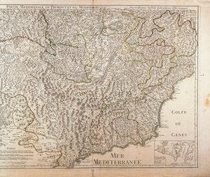 Regione del Piemonte meridionale, Monferrato e Regione della Liguria occidentale. Mappa di Guillaume de l