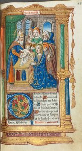 Libro delle Ore stampato (Uso di Roma): fol. 40r, Presentazione al Tempio da Guillaume Le Rouge