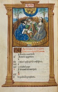 Libro delle Ore stampato (Uso di Roma): fol. 5v, illustrazione del calendario di aprile da Guillaume Le Rouge