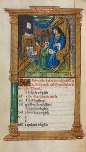 Libro delle Ore stampato Uso di Roma: fol. 3v, illustrazione del calendario di febbraio, 1510 da Guillaume Le Rouge