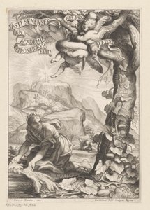 Rappresentazione allegorica di una donna incoronata che annaffia un albero di zucca; sullo sfondo figure che scalano una montagna (Pagina del titolo per: Giovanni Baptista Ferrari, Fasti Senenses, Ab Academia Intronatorum Editi, 1661) da Guillaume Vallet