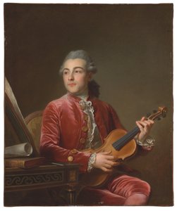 Ritratto di un gentiluomo, mezzo busto, seduto in una giacca di velluto rosso con un violino da Guillaume Voiriot