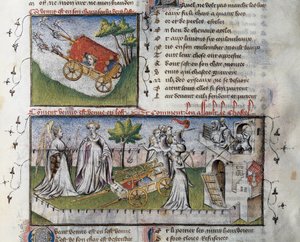 Come Venere arriva e assalta il castello costruito dalla gelosia, Miniatura di Guillaume Lorris dal manoscritto Le Romanesque de la Rose da Guillaume de Lorris