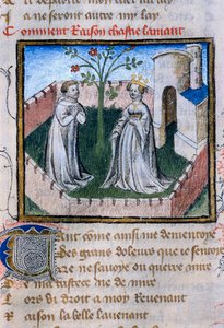 Rappresentazione di una coppia di amanti vicino a una rosa, miniatura in "Roman de la Rose" da Guillaume de Lorris