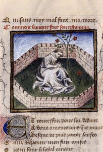 Rappresentazione di un giovane innamorato nel giardino delle delizie che scopre la fontana di Narciso, miniatura in 