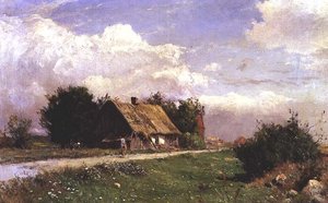 Paesaggio boscoso con figure vicino a un cottage da Gustaf Fredrik Rydberg