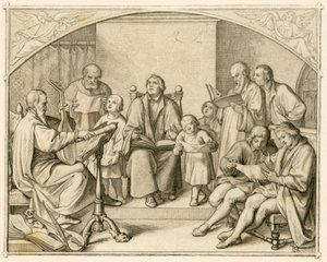 Introduzione di Lutero agli inni religiosi protestanti tedeschi insieme ai suoi figli e amici sotto la direzione di Johannes Walther (1496-1570) da Gustav Ferdinand Leopold Konig