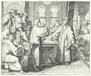 Martin Lutero discute del sacramento con Huldrych Zwingli (incisione) da Gustav Ferdinand Leopold Konig