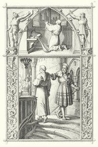 Martin Lutero in preghiera mentre si prepara per la Dieta di Worms (sopra). Georg von Frundsberg incoraggia Martin Lutero (sotto) (incisione) da Gustav Ferdinand Leopold Konig