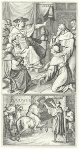 Martin Lutero lascia il legato papale a Wittenberg, Thomas Cajetan (in alto). Martin Lutero lascia la città di Augusta (in basso) (incisione)