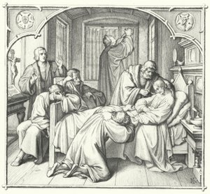 Martin Lutero prega al capezzale di Filippo Melantone (incisione) da Gustav Ferdinand Leopold Konig