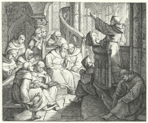 Martin Lutero predica a Johann von Staupitz e agli altri monaci nel monastero (incisione) da Gustav Ferdinand Leopold Konig