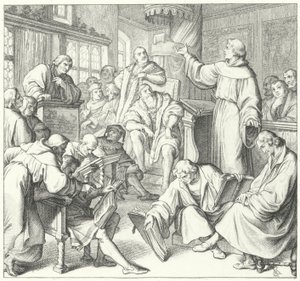 Il dibattito di Lipsia, Andreas Karlstadt, Johann Eck e Martin Lutero, 1519 da Gustav Ferdinand Leopold Konig