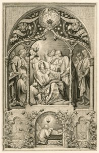 La morte di Martin Lutero, i due figli di Lutero inginocchiati davanti al padre, Dr. Justus Jonas dice le ultime parole, dietro di loro Michael Coelius prega, Johannes Aurifaber con un candelabro, il dottore Simon Wild con la medicina e sulla destra il con da Gustav Ferdinand Leopold Konig