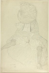 Donna seduta di fronte con cappello, viso incappucciato da Gustav Klimt