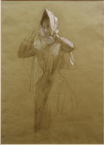 Giovane donna in piedi che si mette un fazzoletto da Gustav Klimt