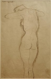 Nudo di schiena in piedi, braccia piegate orizzontalmente (studio) da Gustav Klimt