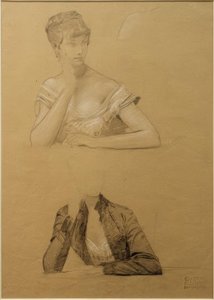 Due studi di una giovane donna seduta a un tavolo da Gustav Klimt