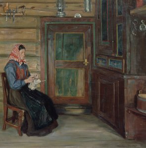 Interno di contadini con donna che lavora a maglia da Gustav Wentzel