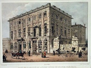 Il Café Amitie e il Vecchio Hotel du Prince Frederic, Bruxelles, dopo i combattimenti del 23-26 settembre 1830, inciso da Jean Baptiste Madou (1796-1877) da Gustave Adolphe (after) Simoneau