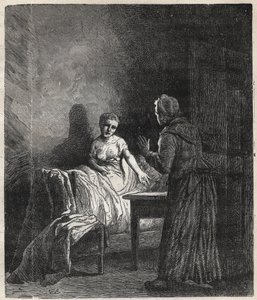 Margherita entra nella stanza di Fantine e Fantine le mostra due Napoleoni (monete) che possono salvare Cosette, sua figlia - Illustrazione di Gustave Brion (1824-1877) per "I Miserabili - Prima parte: Fantine" di Victor Hugo (1802-1885) 1862 da Gustave Brion
