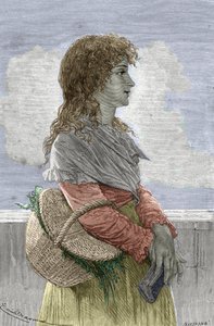 Rivoluzione francese: Ritratto di Manon (Jeanne Marie) Roland Philipon detta Madame Roland (1754-1793), membro del partito Girondino, giovane ragazza - Incisione da "Femmes illustres" di Gustave Demoulin - 1887