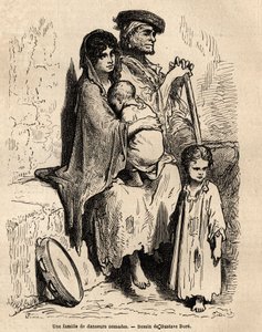 Una famiglia di ballerini nomadi che riposa nelle strade di Siviglia. Schizzo dal vivo di Gustave Dore (1832-1883). Incisione per illustrare il viaggio in Spagna, nel 1862 di Charles Davillier e Gustave Dore, in “Le tour du monde, nouveau journal des voyag da Gustave Dore