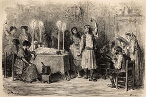 Una danza funebre, durante il giorno mortuario a Jijonas (provincia di Alicante). Schizzo dal vivo di Gustave Dore (1832-1883). Incisione per illustrare il viaggio in Spagna, nel 1862 di Charles Davillier e Gustave Dore, in “Le tour du monde, nouveau jour da Gustave Dore