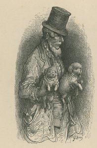 Un uomo con cilindro che tiene due cani in mano da Gustave Dore