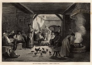 Una locanda in Estremadura, che accoglie lavoratori e viaggiatori così come vari animali domestici o meno, si può bere dalla brocca comune sospesa alle travi o individualmente e si può anche mangiare una zuppa sempre sul fuoco. Incisione per illustrare il  da Gustave Dore