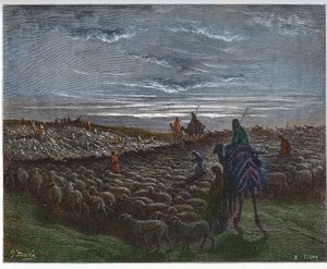 Abramo in viaggio verso la terra di Canaan - Abram si stabilì nella terra di Canaan - incisione in 