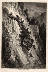 Un incidente di diligenza. Disegno di Gustave Doré per illustrare il suo viaggio in Spagna con C. Davillier nel 1862. Incisione in "Le tour du monde", a cura di Edouard Charton da Gustave Dore