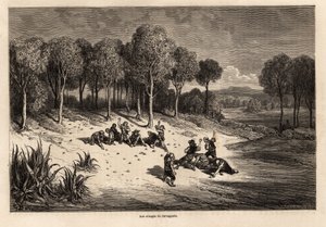 Battaglia delle Arance di Carcagente, disegno di Gustave Doré (1832-1883), per illustrare il suo viaggio in Spagna con C. Davillier, nel 1862. Incisione in "Le tour du monde", a cura di Edouard Charton. da Gustave Dore