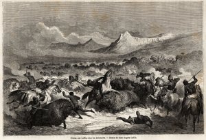 Caccia al bufalo tra i Delaware, Amerindi che vivono sulle rive del fiume omonimo. Disegno di Gustave Doré per illustrare il viaggio dal Mississippi all