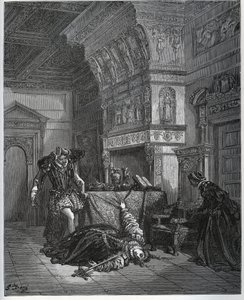 Camille finge suicidio davanti a Lothaire e Leonella - da “Don Chisciotte della Mancia” di Miguel Cervantes - xilografia dopo disegno di Gustave Doré