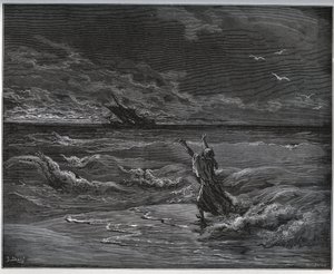 Storia del prigioniero. Aagi-Morato, il padre di Zoraide, è sulla barca sulla riva da “Don Chisciotte della Mancia” di Miguel Cervantes - xilografia dopo disegno di Gustave Doré