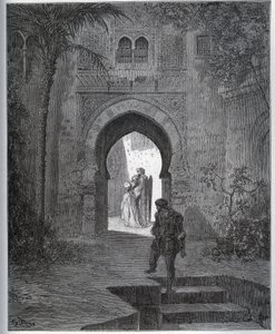 Storia del prigioniero. Primo incontro del prigioniero con Zoraide nel giardino del padre, che la riporta dopo il suo malore - da "Don Chisciotte della Mancia" di Miguel Cervantes
