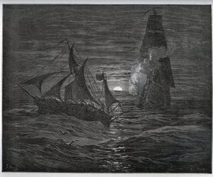 Storia del prigioniero. La barca di fuga spagnola è attaccata da una nave francese da “Don Chisciotte della Mancia” di Miguel Cervantes - xilografia dopo disegno di Gustave Doré da Gustave Dore